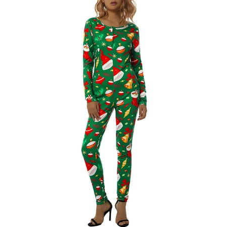 

KOMOO Women Long Sleeve Christmas Bodysuit Button Pajamas Romper Bodycon Sleepwear Jumpsuit for Fall Winter