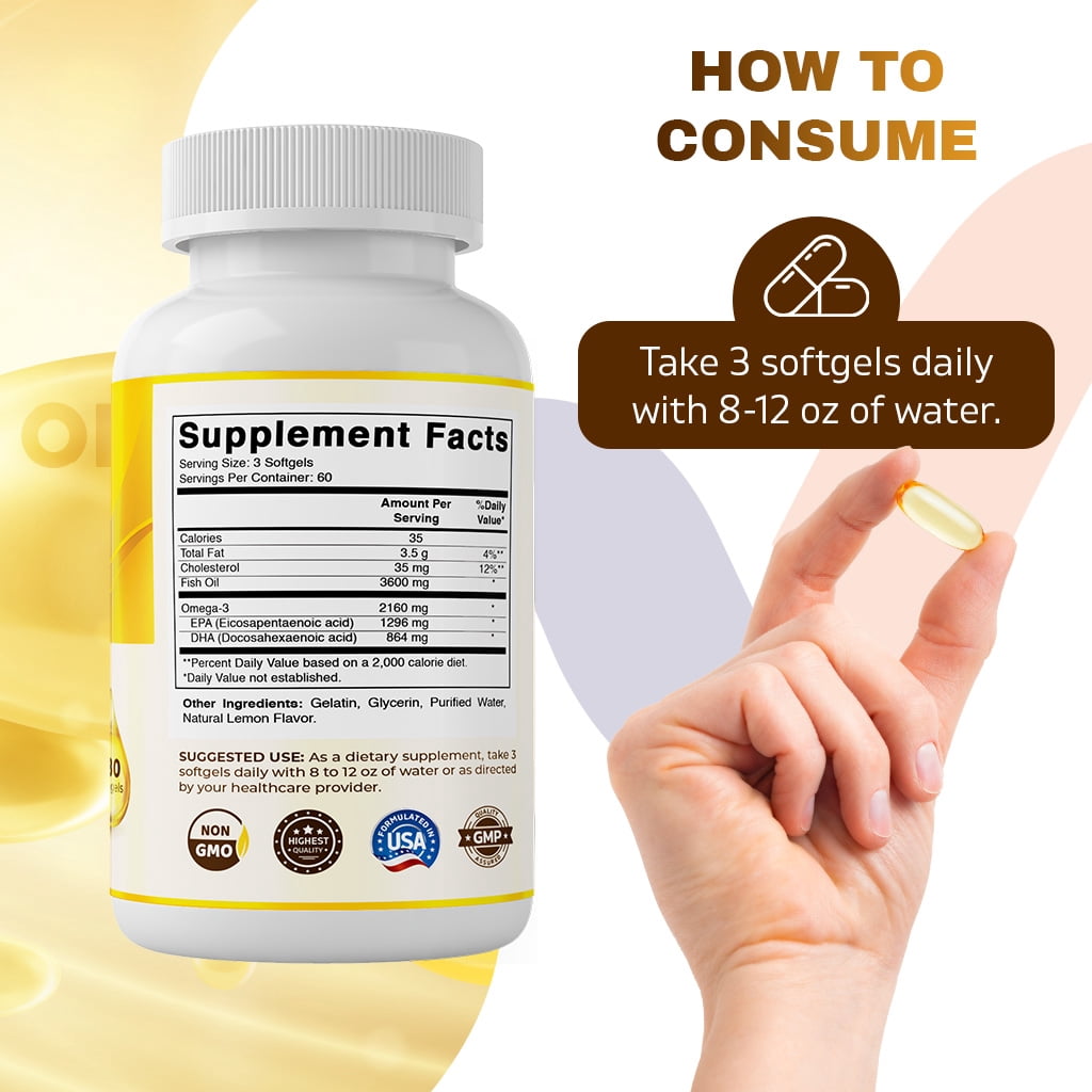 (2 pack) Vitamatic Triple Strength Omega 3 Fish Oil 3600mg Per Serving, 2160mg Omega 3 Fatty Acids, 1296mg EPA + 864mg DHA, Burpless Lemon Flavor, 180 Soft gels