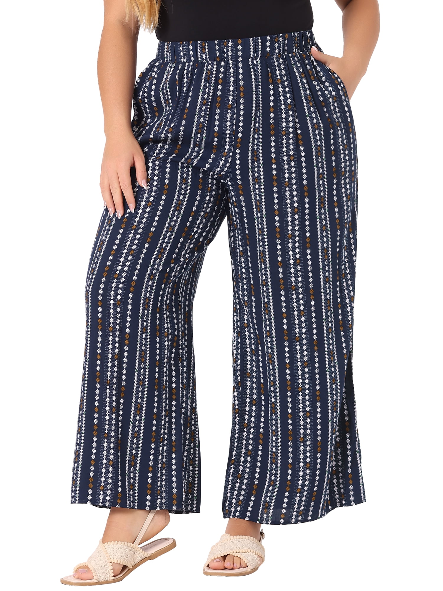 DARING DIVA Women's Plus Stripe Boho Wide Leg Paper Bag Pants 4X Navy Blue
