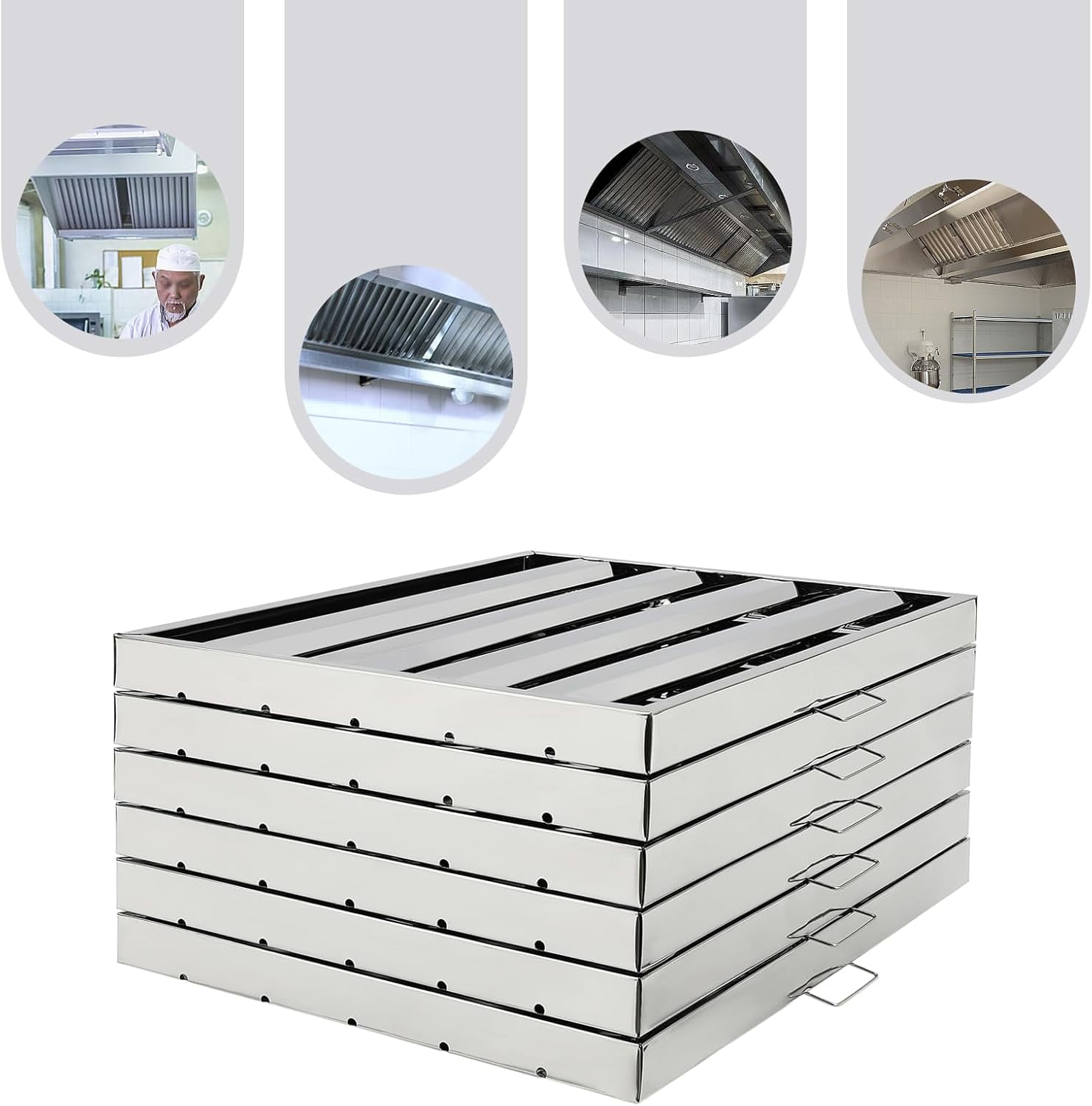 6 Pack Hood Filters 430 Stainless Steel 19.5W x 24.5H Inch, 4 Grooves Commercial Hood Filters, Kitchen Range Hood Filter for Restaurant Kitchen Exhaust Hoods, Square