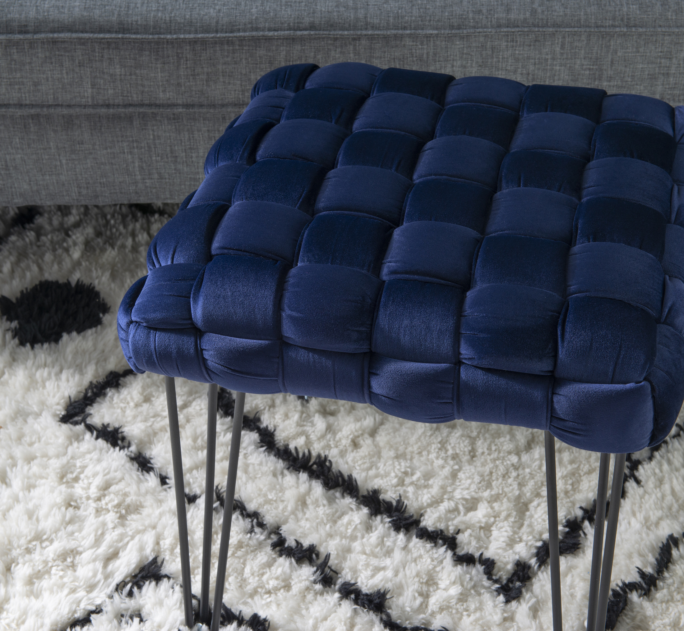 Powell Anya Square Handwoven Velvet Ottoman with Hairpin Legs, Navy