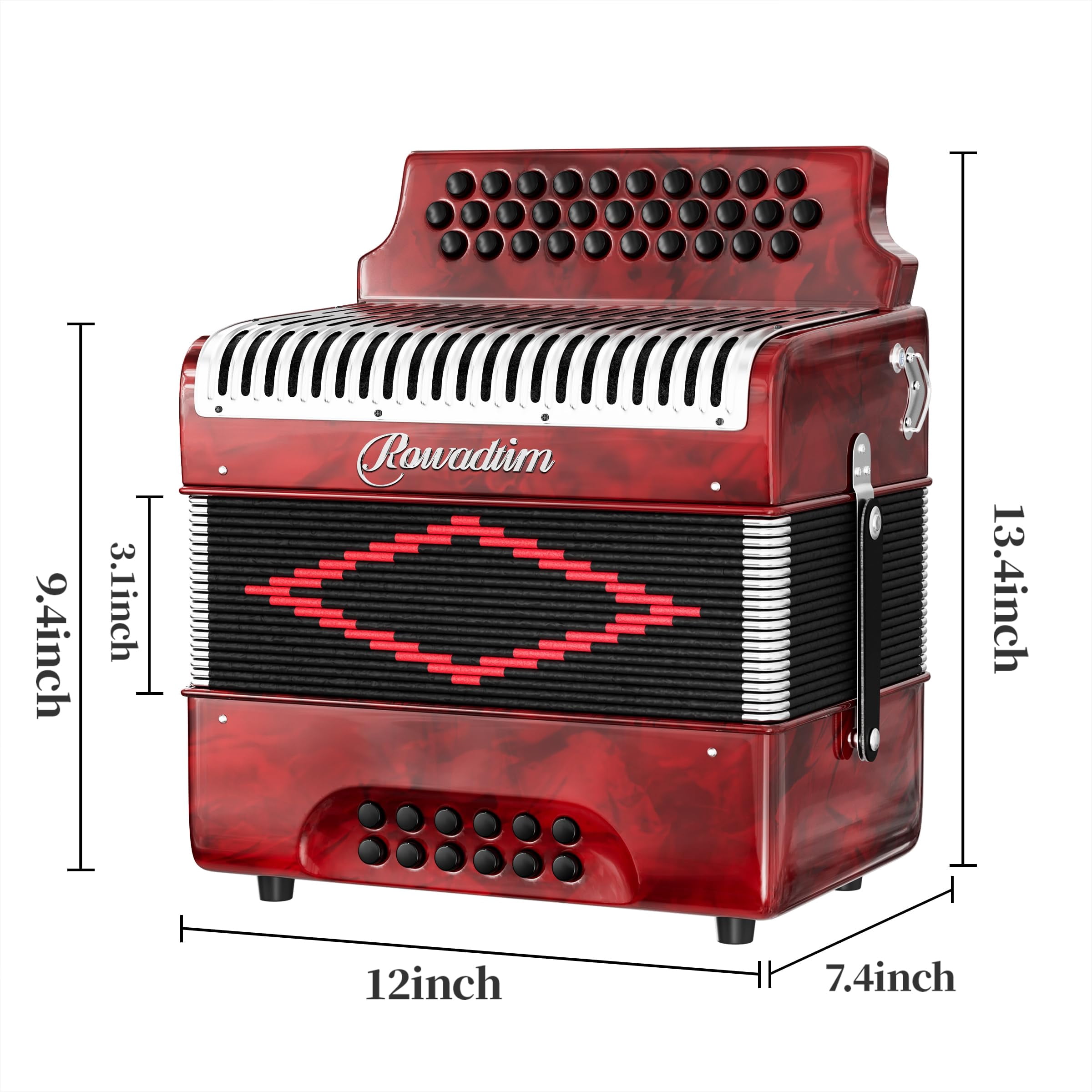Accordion - 31 Key Diatonic, 12 Bass Buttons (G/C/F Tuning), Push-Pull Isochord Design, Beginner-Friendly Adult Set with Case, Gloves & Cleaning Wipes