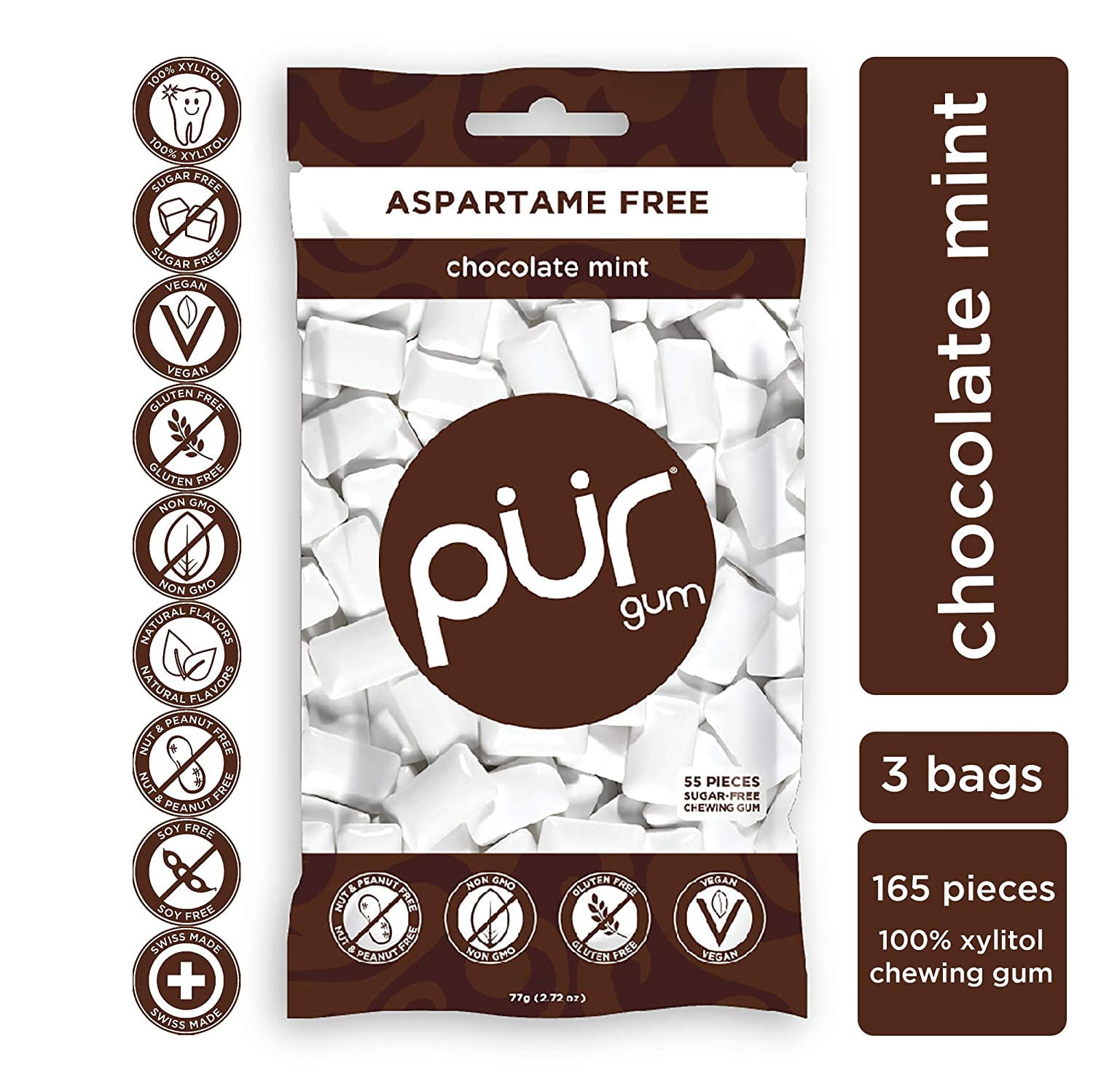 PUR 100 Xylitol Chewing Gum, Chocolate Mint, SugarFree + Aspartame