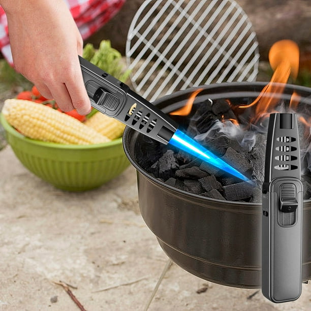 pstuiky Encendedor de gas tipo turbina, resistente al viento, con llama azul, recargable, ideal para barbacoas y repostería al aire libre.