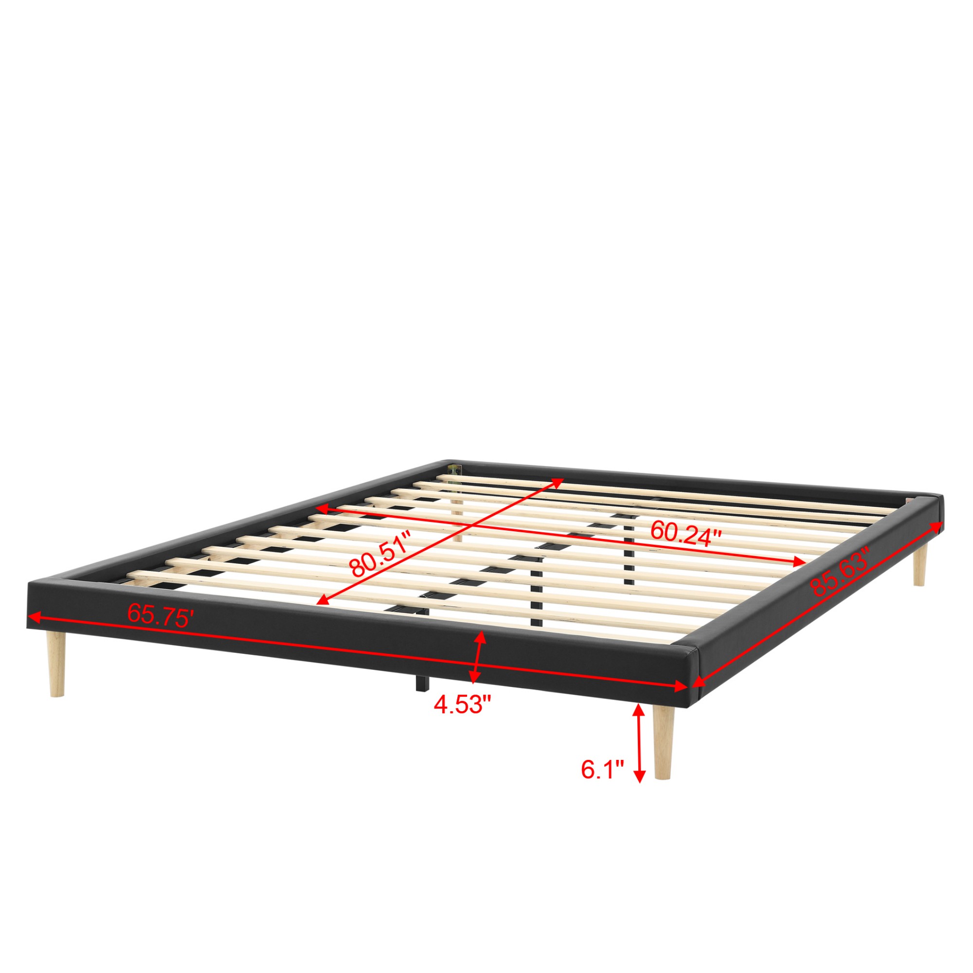 Gewnee Queen Size Platform Bed Frame with Wood Slats,Faux Leather Upholstered,Sturdy Center Leg Support,Under-Bed Storage Space.No Box Spring Required(Black)
