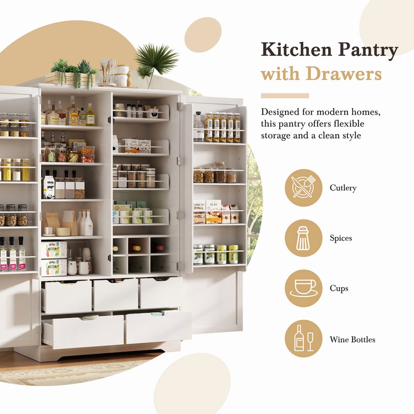 All-in-One Kitchen Pantry Bar Cabinet with Drawers, Hidden Trays, Racks & Adjustable Shelves, Freestanding Storage Cupboard