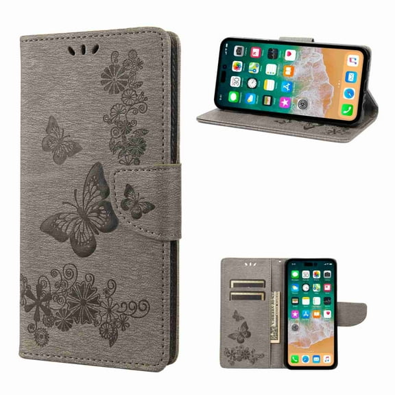 Decase Wallet Card Slim Magnetic Case for Apple iPhone 11 Pro, Shockproof Kickstand Wrist Strap Butterfly Floral Embossed PU Leather Flip Cover,gray