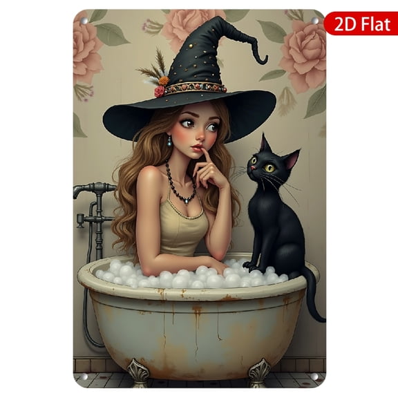 1pc Metal Wall Sign, 8x12 Inches, Charming Witch with Cat Design, Rustproof & UV Protected, Perfect for Halloween Decor, Home, Bathroom, Cafe, or Bar, Whimsical Art Decor, Vintage Style