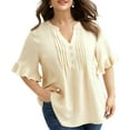 thumbnail image 2 of HongQid Womens Tops V Neck Blouses for Women Dressy Casual Flowy Ruffle Short Sleeve Linen Shirts, 2 of 5