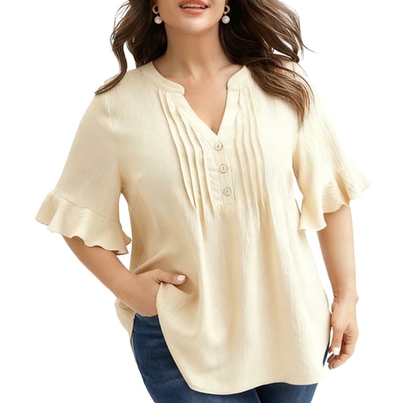 Htigea Women's Plus Size V Neck Shirts Ruffle Short Sleeve Tops Pleated Front Button Down Pullover Casual Tunic Tee Beige M
