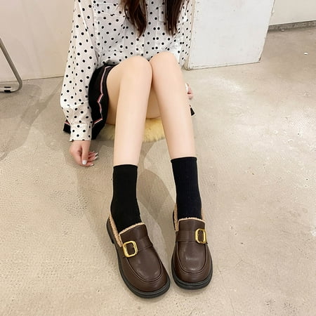 

Aueoeo Womens Winter Boots Fall Boots Fall Winter New Style Metal Buckle Plus Cotton Small Leather Shoes Square Heel Low Heeled Shoes