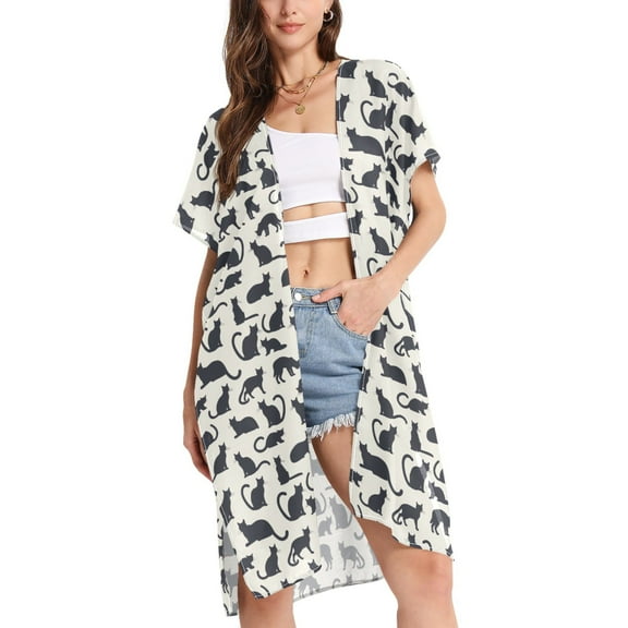 joogoo Women's Cat Pattern Beach Cover Up Kimono Swimsuit Summer Cardigan Swimwear S