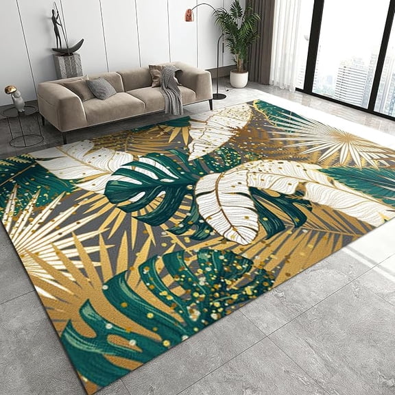 Luxurious Tropical Plants Area Rug, Green Golden Leaves Non Slip Living Room Rug, Noise Reduction Machine Washable Carpet for Indoor Bedroom Office Decor Mat 2 x 3ft