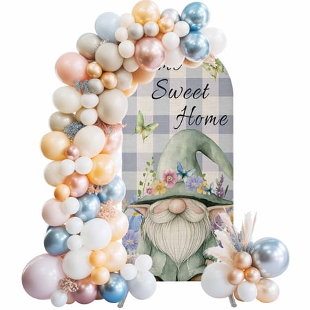 Home Sweet Arch Backdrop Cover 5 FT Gnome Butterfly Pink Flowers Purple Plaid Retro Stretchy Elastic Arch Stand Covers Spandex Arched Background Birthday Wedding Party Decoration (No Stand)