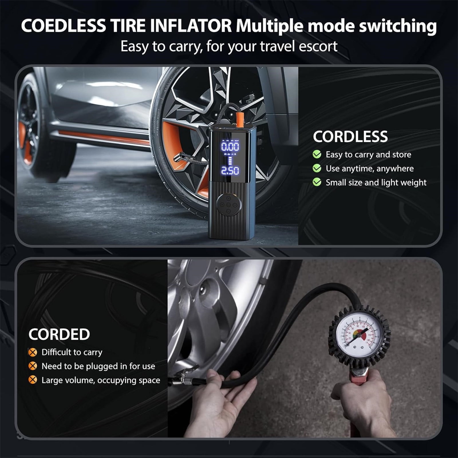 Hxlamzoo Tire Inflator Portable Compressor 2-IN-1 150PSI Cordless12V Pump For Car Tires 9000mAh Faster Inflations Live Pressure Gauge Pump, Accurate, Durable, Multiple Mode Selection
