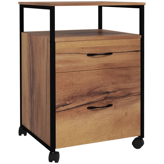 Rustic Brown & Black Industrial Filing Cabinet - 26.2" Tall, 2 Drawers, Open Shelf, Mobile Printer Stand for Home Office & Workspace Storage