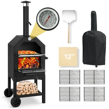 Clickoods 12" Outdoor Wood-Fired Pizza Oven with Built-in Thermometer, Pizza Stone, Peel, Grilling Grates, and Protective Cover, Black