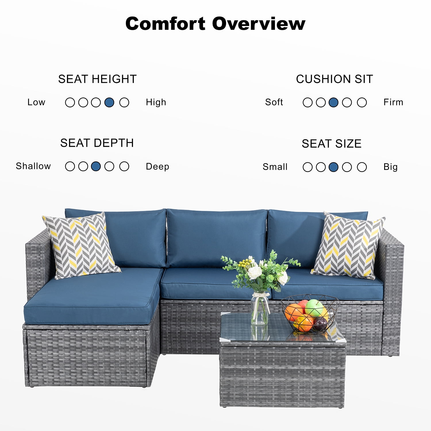 Walsunny 3 Piece Aegean Blue Outdoor Furniture Sectional Sofa Patio Set Silver Gray Rattan Wicker