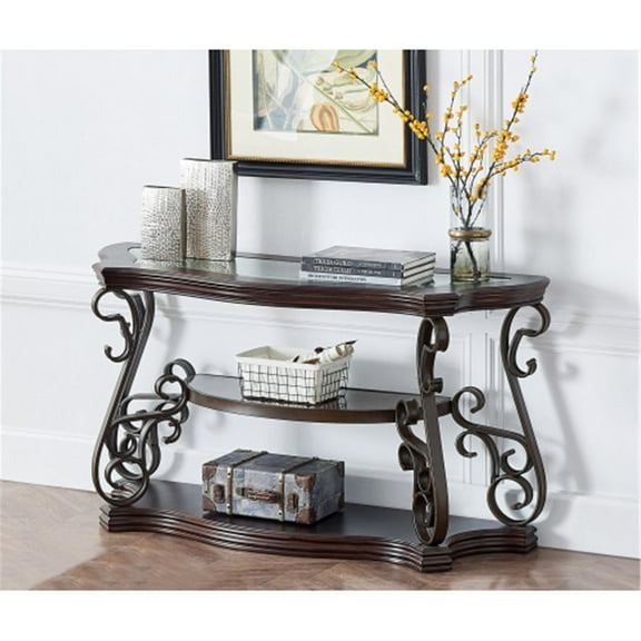 Traditional Console Table, Accent Side Table with Tempered Glass Top, Sofa Table with Middle Shelf, Powder Coat Finish, Metal Legs, Easy Assembly, Dark Brown