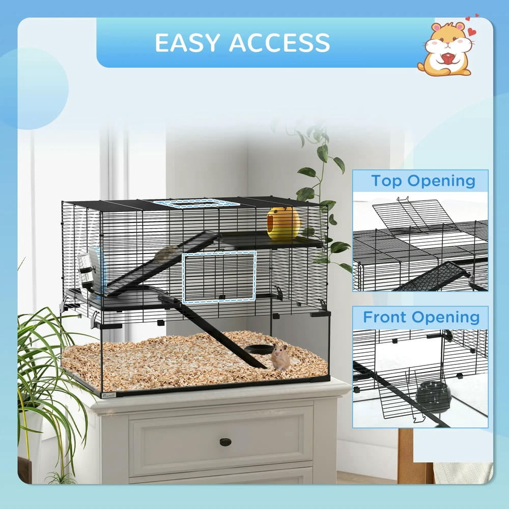 GVN Hamster Cage, Small Hamster Habitat,31" Hamster Cage, Gerbil Cage with Glass Basin for Small Hamsters, Black