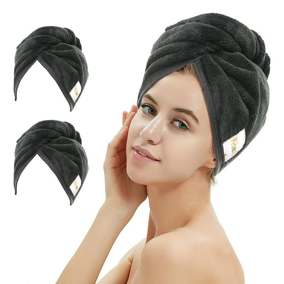 M-bestl Paquete de 2 toallas de microfibra para el cabello, toalla para secar el cabello con botón absorbente y toalla para la cabeza anti-frizz para secar el cabello rizado o liso rápidamente (negro)
