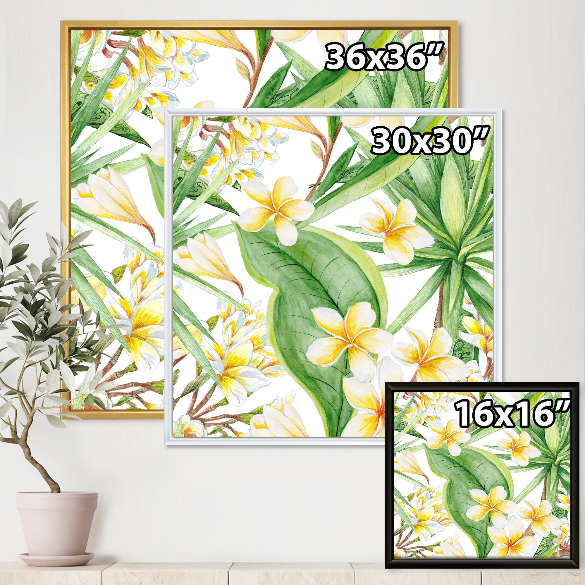 Designart 'Yellow Flowers and Tropical Foliage VII' Modern Framed Canvas Wall Art Print