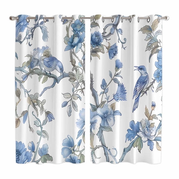 Blue Floral Birds Kitchen Curtains 63 Inch Length, Farmhouse Flowers Pastoral Grommet Top Bedroom Living Room Curtains, Light Filtering Cafe Curtain Drapes 2 Panels Set 84''x63''