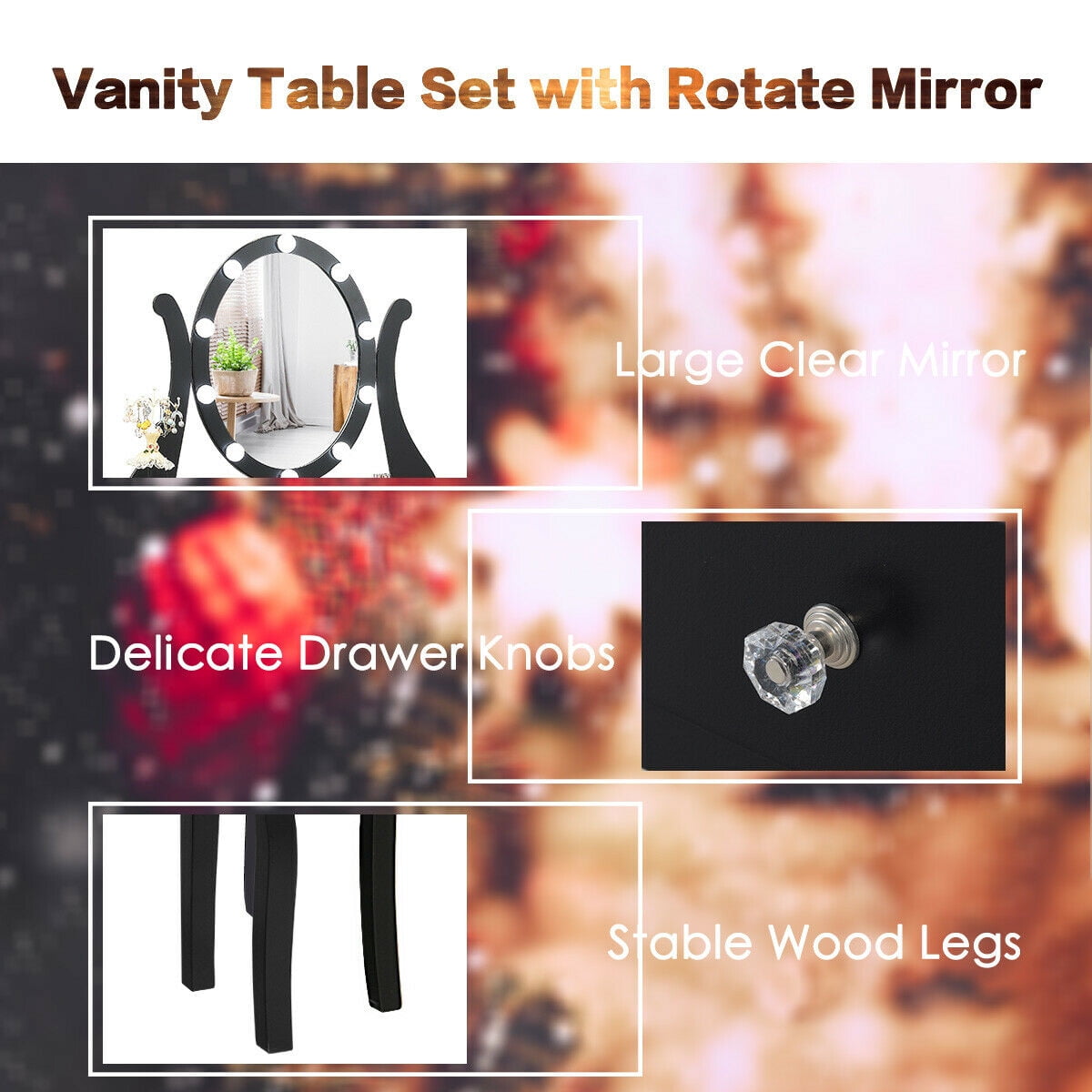 Gymax Vanity Table Set Makeup Dressing Table with10 Light Bulbs and Touch Switch, Black