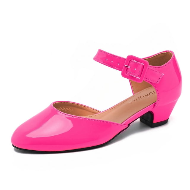 zapatos liuruijia para mujer con tacón bajo y tacón ancho, color rosa intenso, talla 40 — zapato D'orsay de cuero sintético con puntera redonda, correa de tobillo ajustable con hebilla cuadrada, tacón de bloque bajo 1.5 pulgadas, plantilla acolchada y suela de goma antideslizante; vista lateral 3/4 sobre fondo blanco; también adecuado como tacón cómodo para trabajo y eventos.