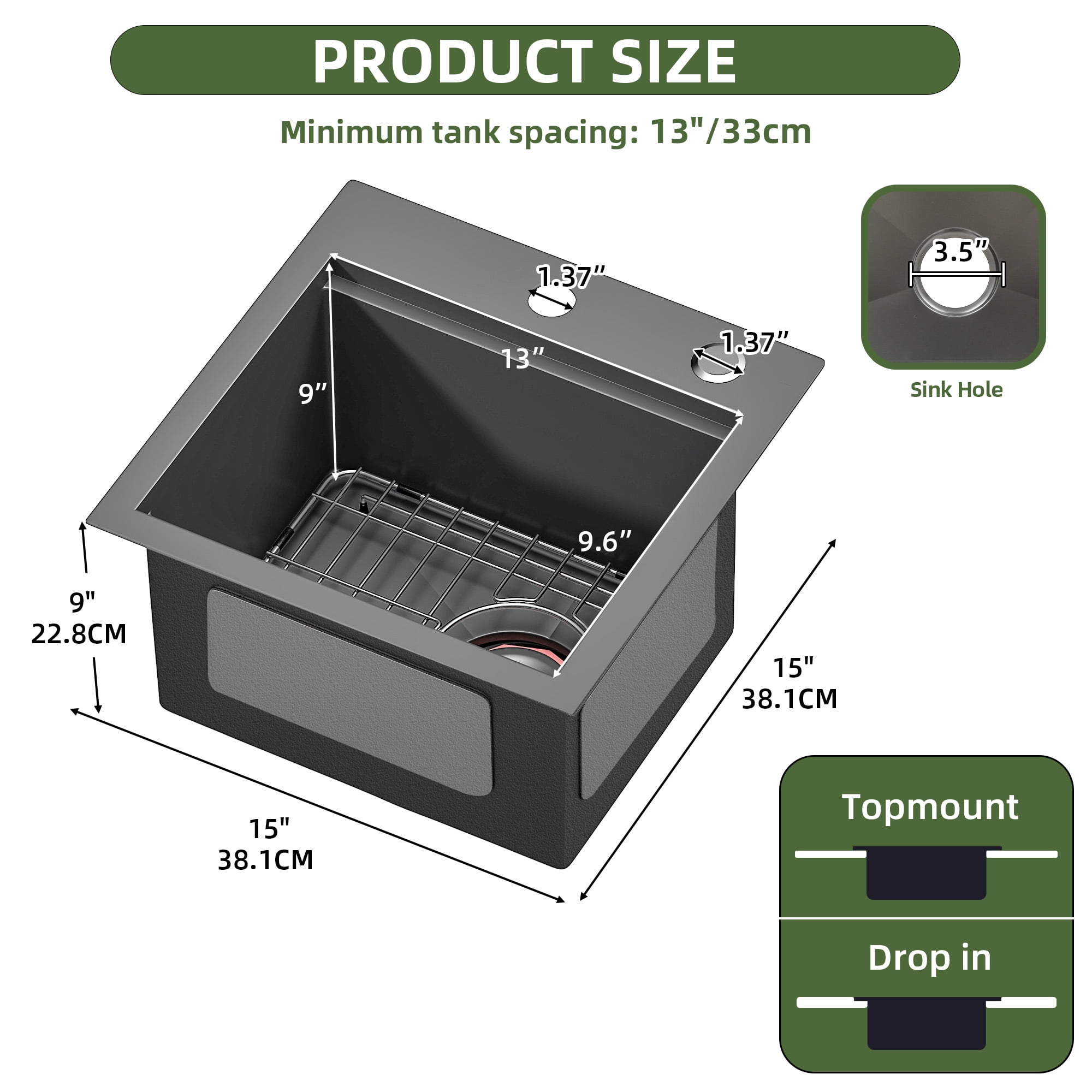 Uforic Drop-in Gunmetal Black Kitchen Sink Workstation with Cutting Board & Accessories, 15x15x9 in
