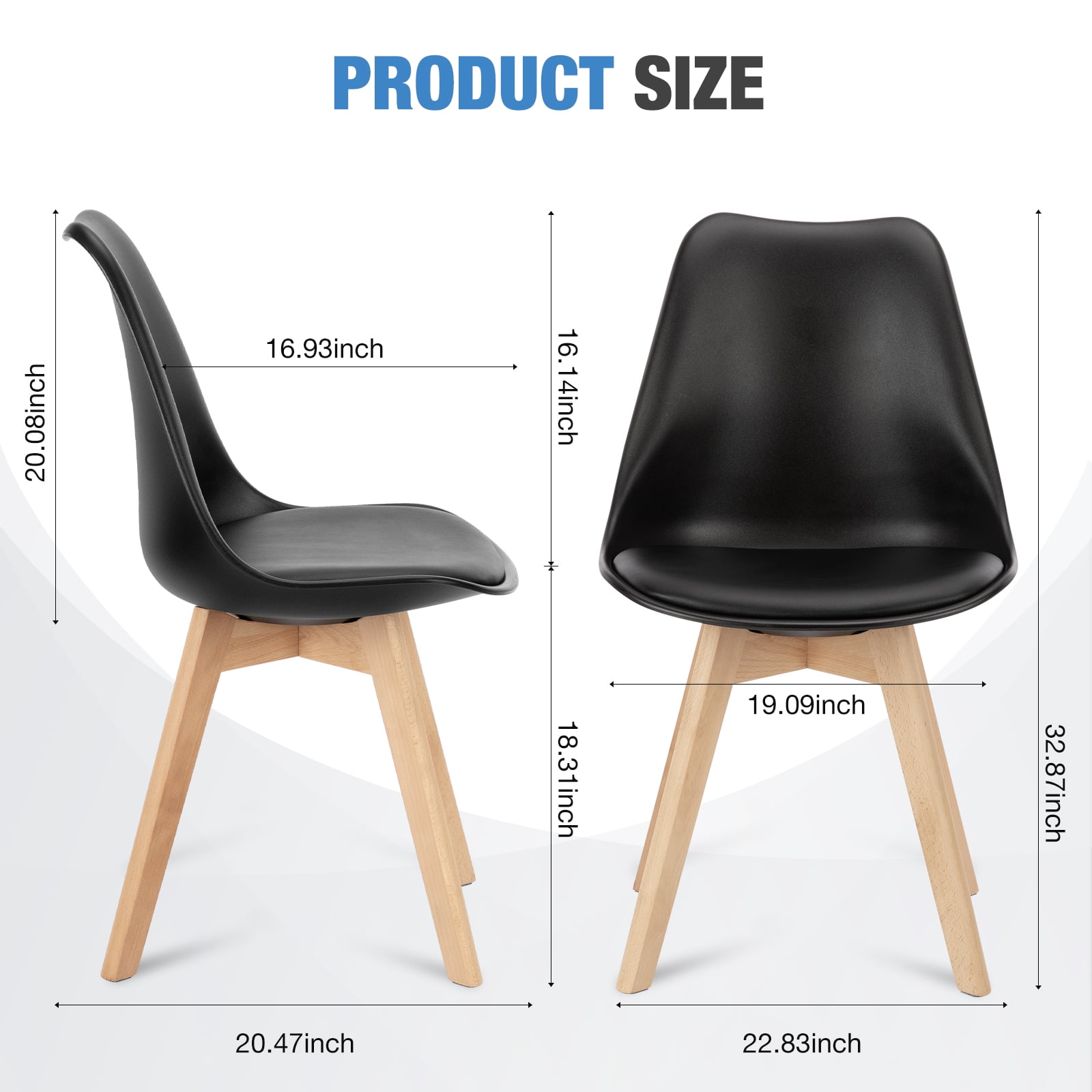 GIANNA Set of 4 Dining Chairs, Mid-Century Modern Style, PU Leather Padded Seat, Durable Wooden Leg, 22.83"W x 19.09"D x 32.87"H,Black