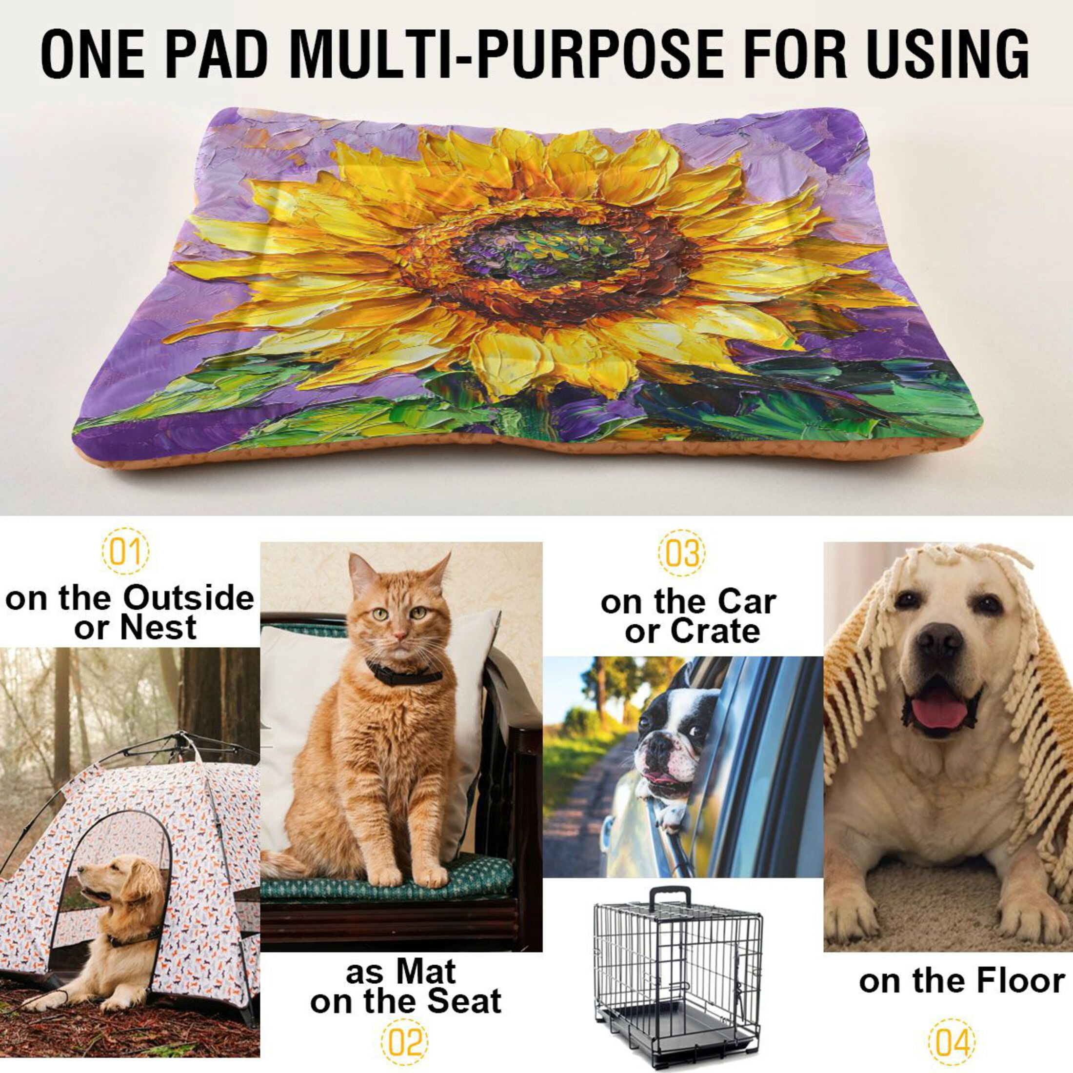 Qxltty Bright Yellow Sunflower Ped Pad Wear-resistant and Hard to Bite Through Sleeping Pad for Small Medium Large Dogs Winter Pet Bed 36×24in