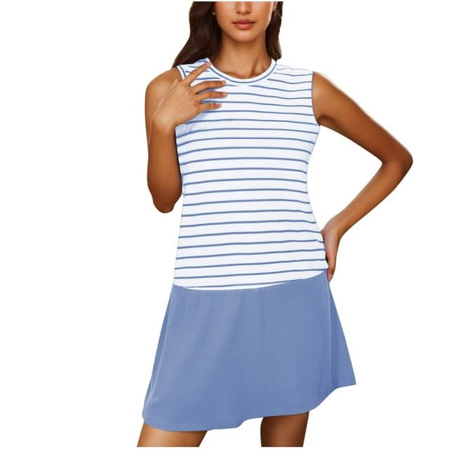 Sexy Vestido Casual para las Mujeres Raya Impresión Color Bloqueo Cuello Redondo Falda Corta, Vestido de Bolsillo de Moda para Uso Diario Y de Fiesta