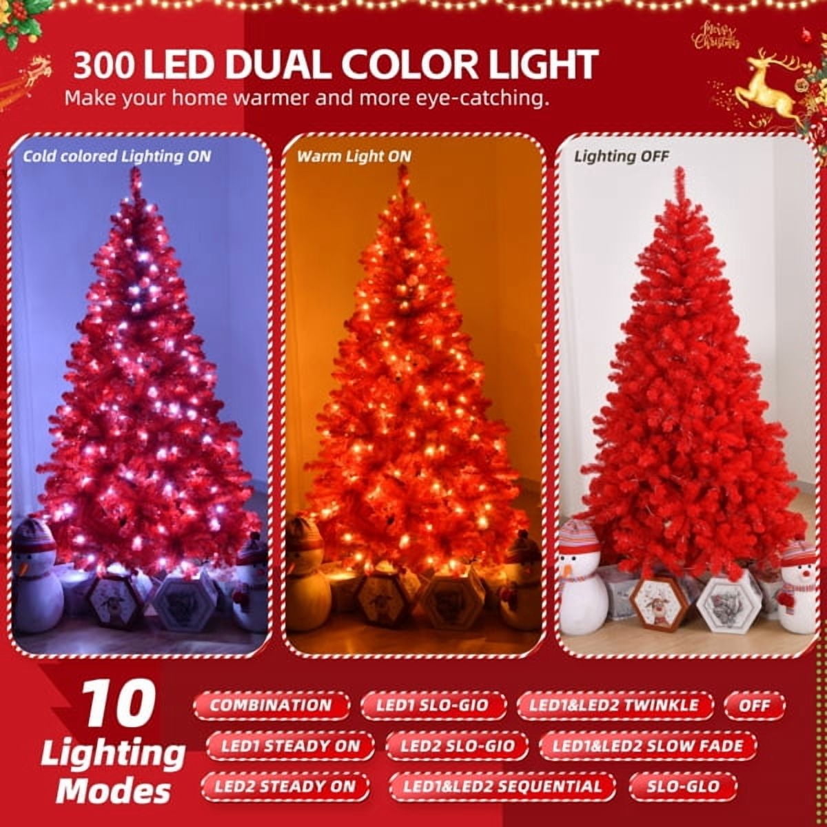 6FT Pre-Lit Red Christmas Tree - 800 PVC Branch Tips, 300 LED Lights (Warm/Cold White), 10 Modes w/Remote, Sturdy Iron Base, 3-Step Easy Setup - Artificial Holiday Centerpiece