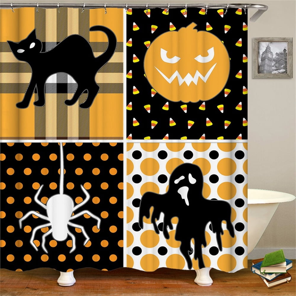 Shower Curtain With Hooks Halloween Theme Black Cat Pumpkin Light