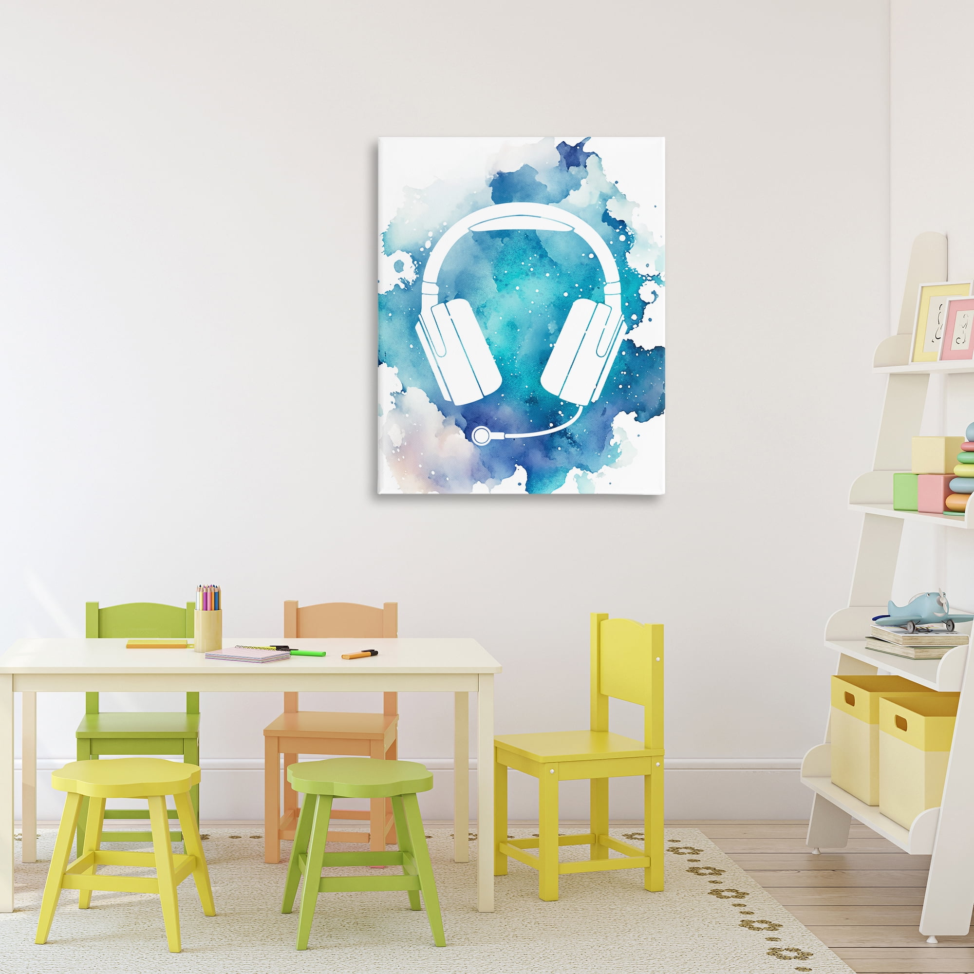 Blue Headphone Splatter Canvas Wall Art, design by Marcus Prime
