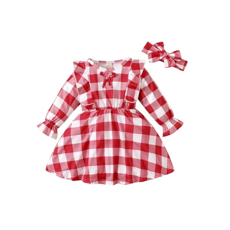 

Girls Dress Plaid Print Long Sleeve O-neck Midi Dress with Ruffles with Bow-knot Headband