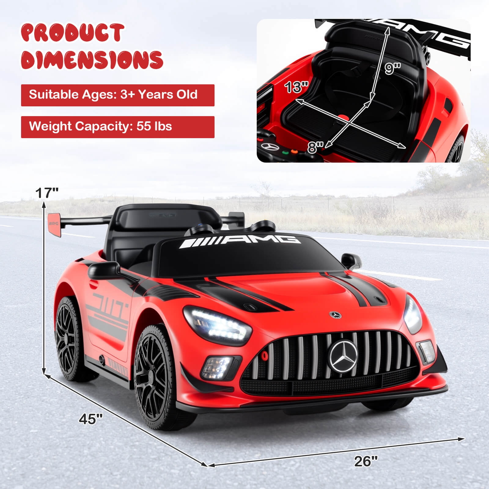 Costway Ride on Car Licensed Mercedes-AMG GT3 Kids Car with Remote Control 3 Speeds Red