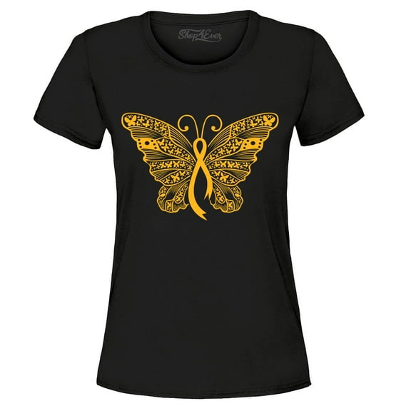 Shop4Ever Women's Gold Ribbon Butterfly Graphic T-Shirt XX-Large Black