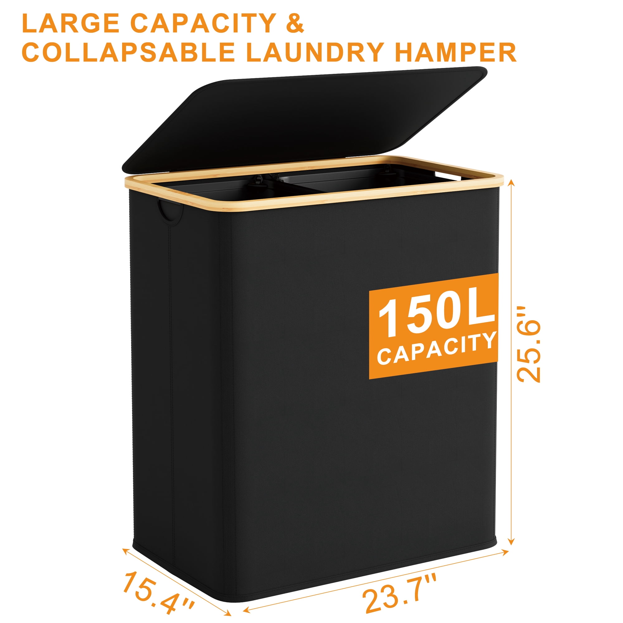 BGTREND 148L Double Laundry Basket with Lid, Clothes Hampers for Laundry with Bamboo Handles and Removable Liner Bags, Collapsible Laundry Sorter Dirty Clothes Hamper (Black)