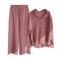 thumbnail image 4 of felwors Womens Cotton Linen Set 2Pcs Summer Casual Long Sleeve Collar Button Down Shirt Elastic Waist Loungewear Pants(RD2, M), 4 of 4