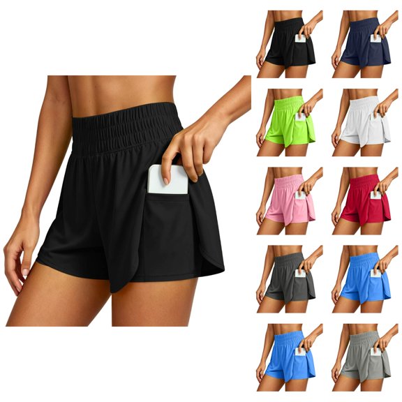 Running Shorts for Women with Liner 2 in 1 Elastic High Waisted High-Split Summer Athletic Workout Gym Shorts with Pockets