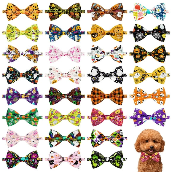 Pai Sence Halloween Dog Bow Ties for Small Dogs 30 PCS Dogs Bowties Bulk with Adjustable Ties Assorted Halloween Bow Ties Party Grooming S