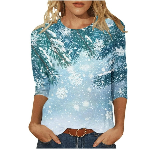 Christmas Plus Size Shirts for Women 3/4 Length Sleeve Holiday Tops Crew Neck Graphic Printed Festive Tees Outfits (XL, Green 01)