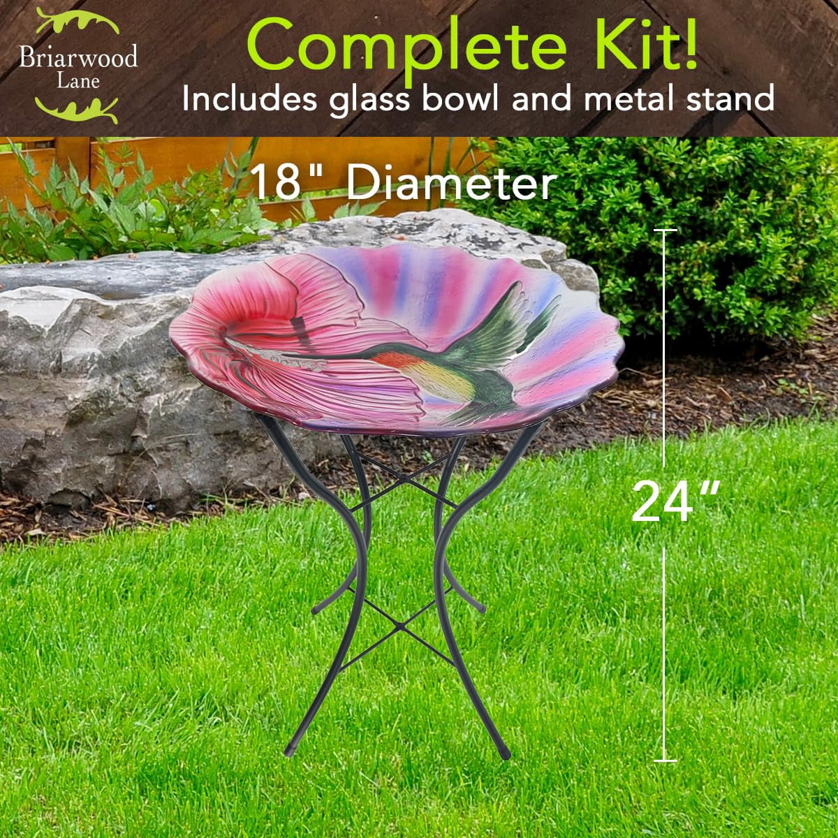 Briarwood Lane Everyday Glass Birdbath Including Metal Stand Hummingbird in Flight Birdbath