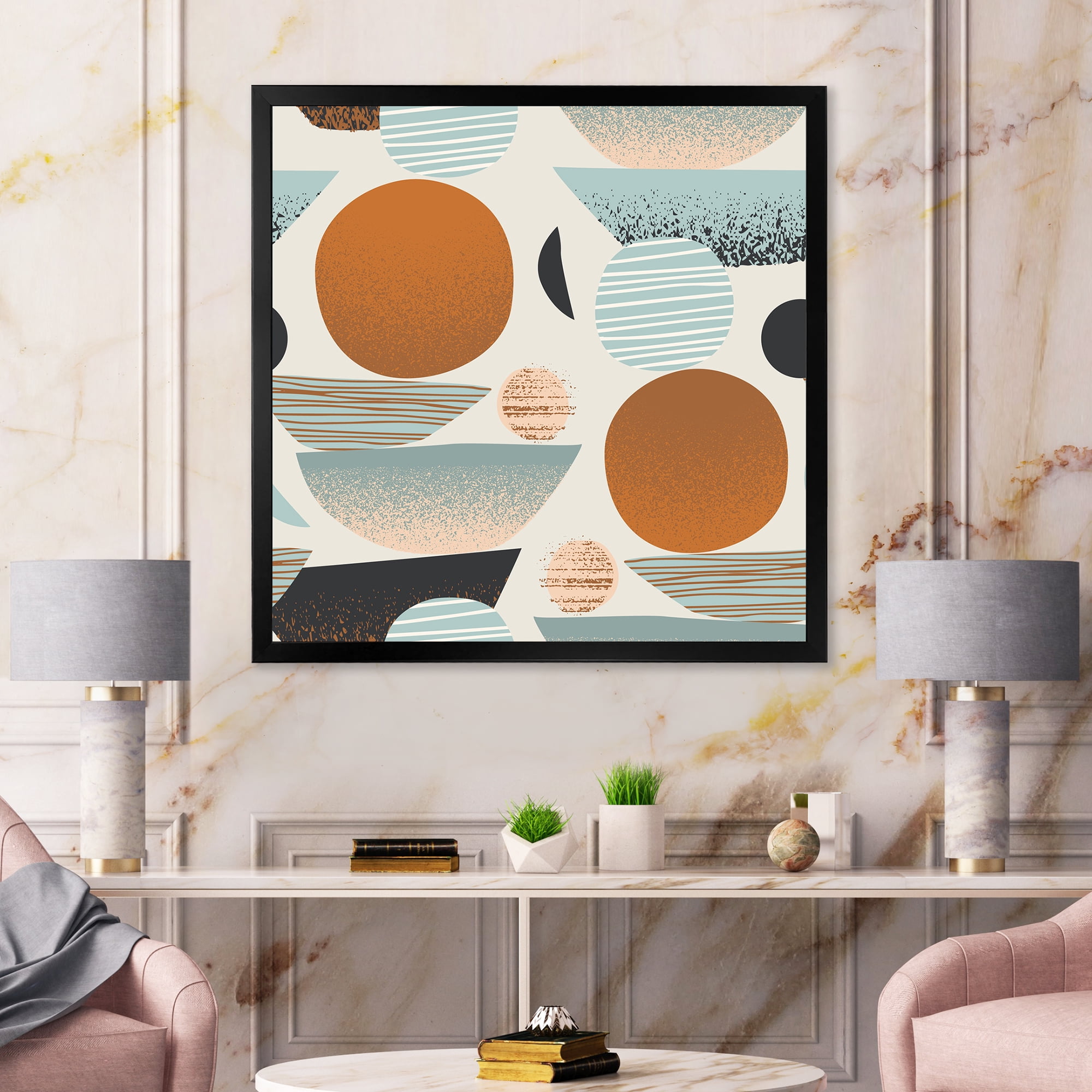 Designart 'Retro Shapes With Abstract Moons and Suns I' Modern Framed Art Print