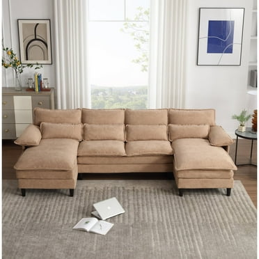 Newboti Furniture U Shaped Modular Sectional Sofa Couch, Corner Sofa With 4Pcs Waist Pillows, Chaise Lounge, Terrycloth Fabric Sofa,Upholstered 4 Seater Couch For Living Room,Brown 38295