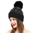 thumbnail image 5 of Gorro de invierno bonito para mujer, forro polar cálido, puños de pompones metálicos brillantes, gorro de punto con calavera, negro, 5 of 5