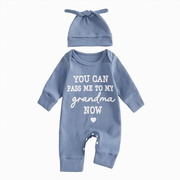 mgoYE Baby Boy Grandma Outfit Long Sleeve Waffle Letter Romper Jumpsuit and Hat Newborn Coming Home Outfits Infant Boys Fall Winter Clothes 9-12 Months