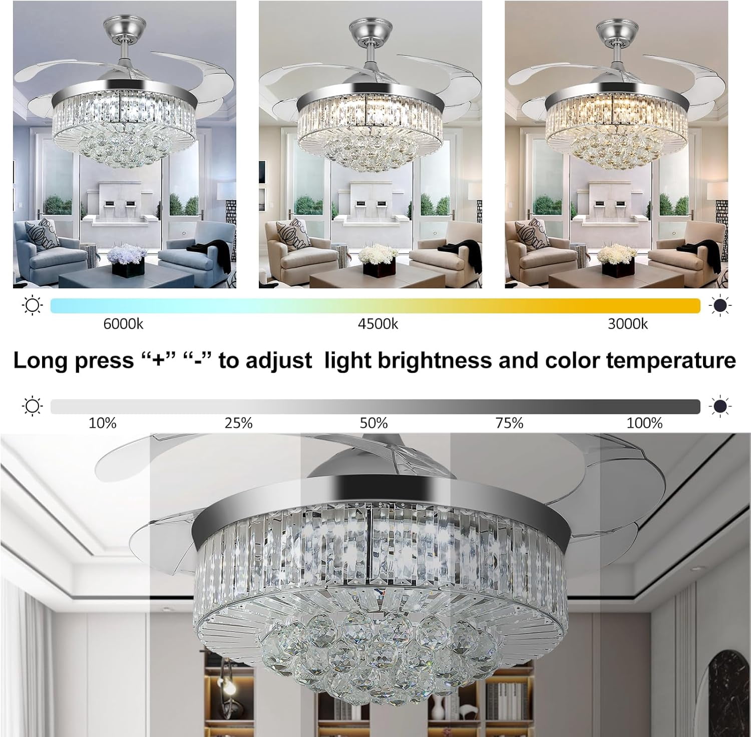 42-Inch Ceiling Fan Light with remote control, 3 colors and 6 speeds, modern indoor recessed ceiling fan light suitable for living room, bedroom and dining room (Silver).